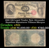 1880 $20 Legal Tender Note Alexander Hamilton Grades vf+ Signatures Tillman/Morgan