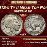 1913-d Ty II Buffalo Nickel Near Top Pop! 5c ms67 SEGS