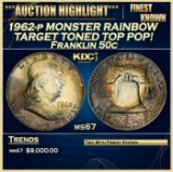 1962-p Franklin Half Dollar MONSTER RAINBOW TARGET TONED TOP POP! 50c ms67 SEGS