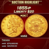 1855-p Gold Liberty Double Eagle $20 ms62 SEGS