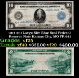 1914 $10 Large Size Blue Seal Federal Reserve Note Kansas City, MO Grades vf+ FR-942