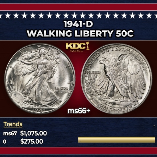 1941-d Walking Liberty Half Dollar 50c ms66+ SEGS