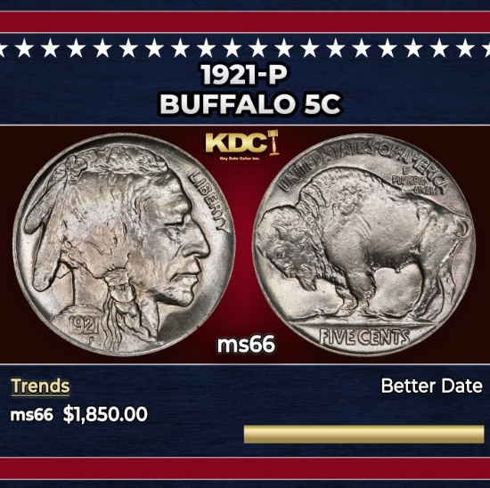 1921-p Buffalo Nickel 5c ms66 SEGS