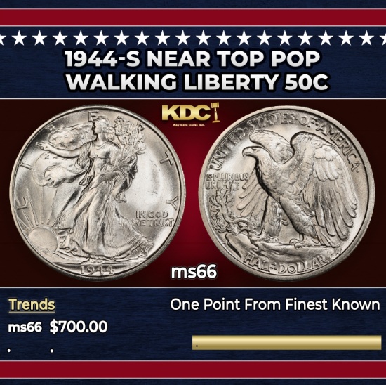 1944-s Walking Liberty Half Dollar Near Top Pop 50c Grades ms66
