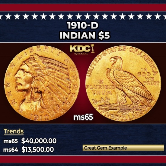 1910-d Gold Indian Half Eagle $5 ms65 USCG