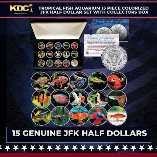 Tropical Fish Freshwater Aquarium 15 Piece Colorized JFK Half Dollar Set with Collectors Box Other T