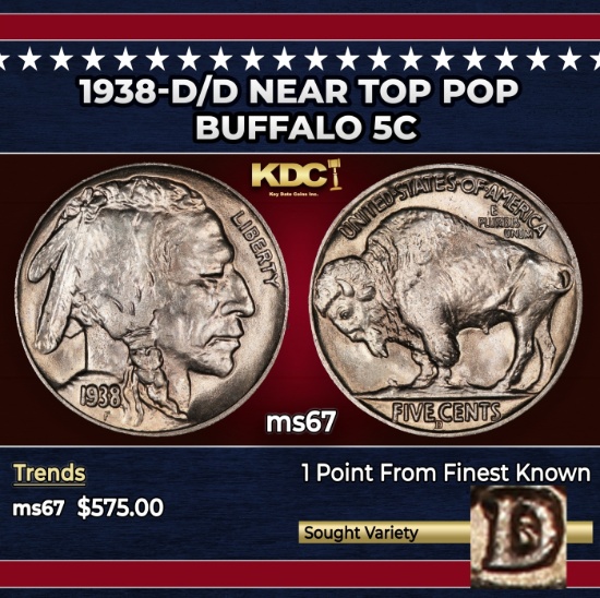 1938-d/d Buffalo Nickel Near Top Pop 5c ms67 SEGS