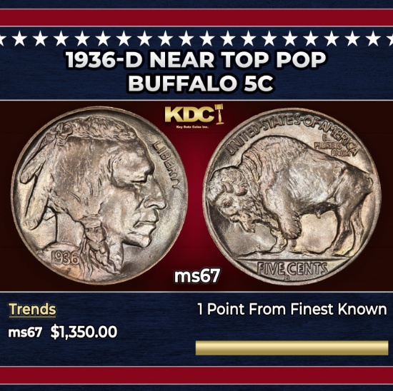 1936-d Buffalo Nickel Near Top Pop 5c ms67 SEGS