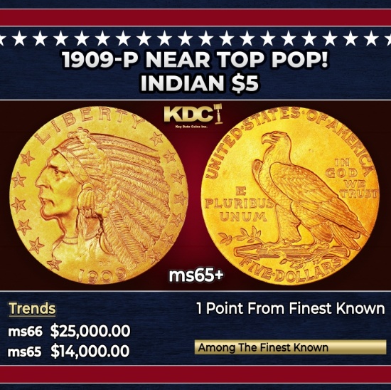 1909-p Gold Indian Half Eagle Near Top Pop! $5 ms65+ USCG