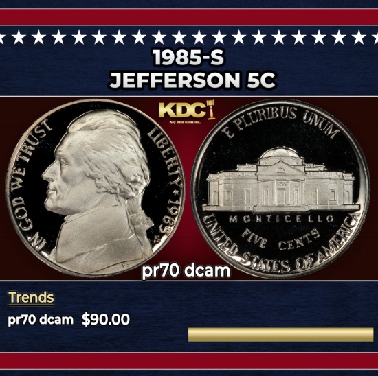 1985-s Proof Jefferson Nickel 5c pr70 dcam SEGS