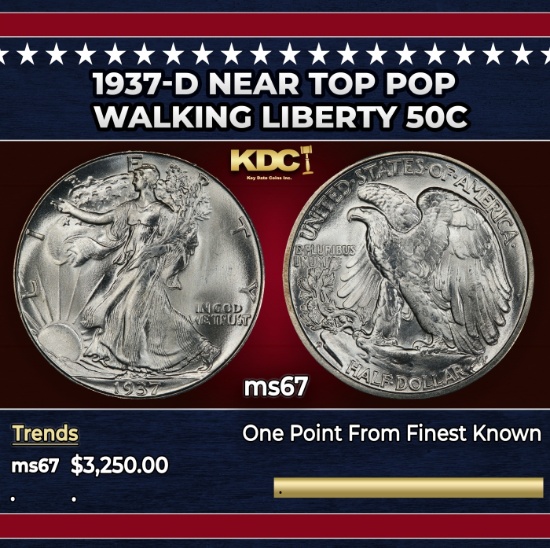 1937-d Walking Liberty Half Dollar Near Top Pop 50c ms67 SEGS