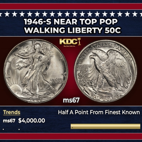 1946-s Walking Liberty Half Dollar Near Top Pop 50c ms67 SEGS