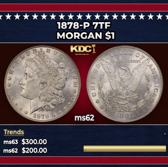 1878-p 7tf Morgan Dollar $1 Grades ms62