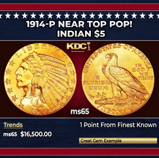 1914-p Gold Indian Half Eagle Near Top Pop! $5 ms65 USCG