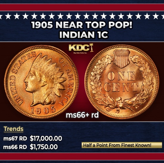 1905 Indian Cent Near Top Pop! 1c ms66+ rd SEGS