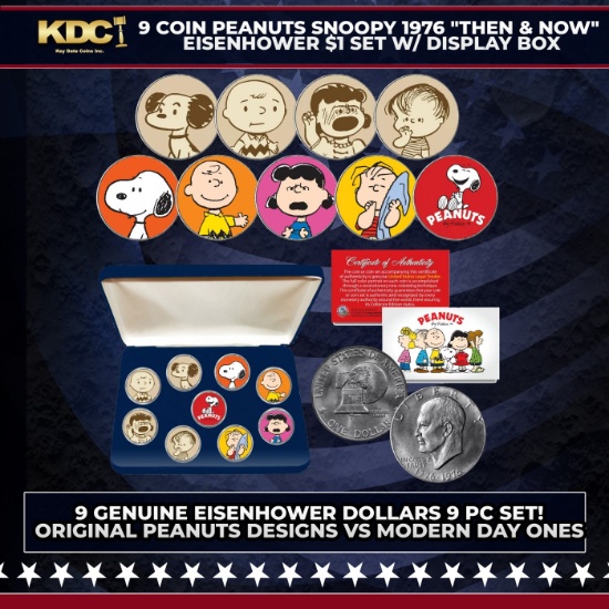 9 Coin Peanuts Charlie Brown, Snoopy 1976 "Then & Now" Eisenhower $1 Set w/ Display Box Other Toy