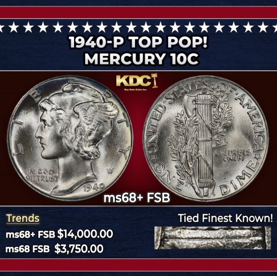 1940-p Mercury Dime TOP POP! 10c ms68+ FSB SEGS