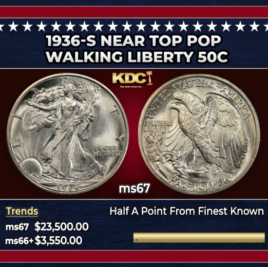 1936-s Walking Liberty Half Dollar Near Top Pop 50c ms67 SEGS