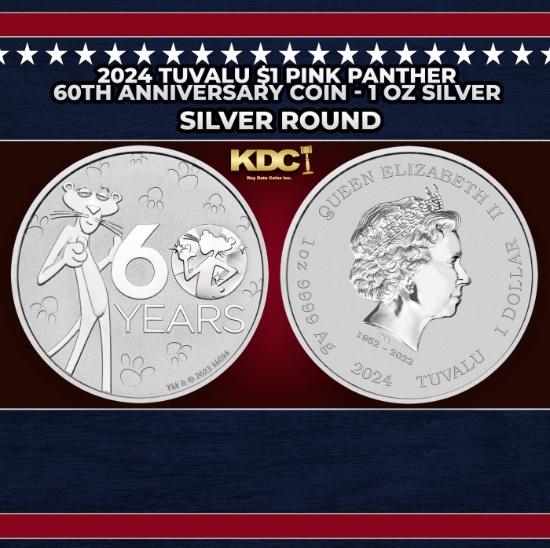 2024 Tuvalu $1 Pink Panther 60th Anniversary Coin - 1 oz Silver Round Round