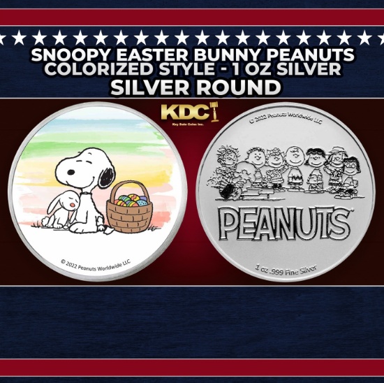 Snoopy Easter Bunny Peanuts Colorized Style - 1 oz Silver Round Round