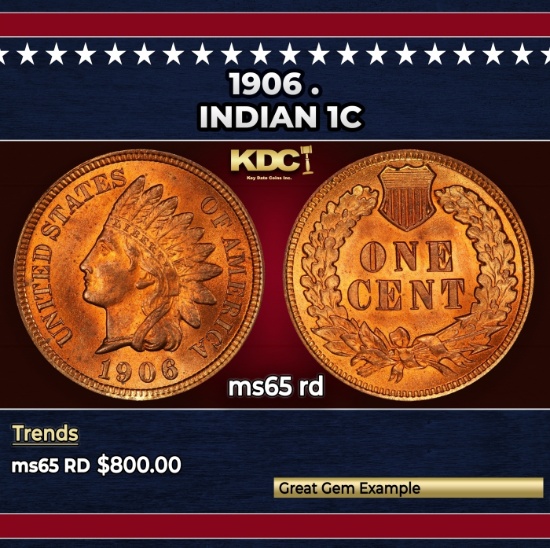 1906 Indian Cent . 1c Grades ms65 rd