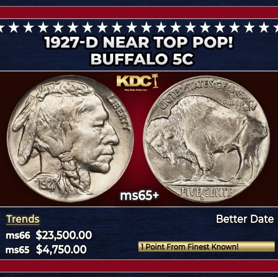 1927-d Buffalo Nickel Near Top Pop! 5c ms65+ SEGS