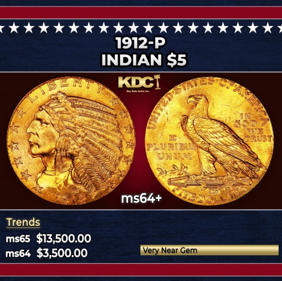 1912-p Gold Indian Half Eagle $5 ms64+ USCG
