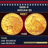 1909-p Gold Indian Half Eagle $5 ms65 USCG