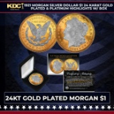 1921 Morgan Silver Dollar $1 24 Karat Gold Plated & Platinum Highlights w/ Box Other Toy