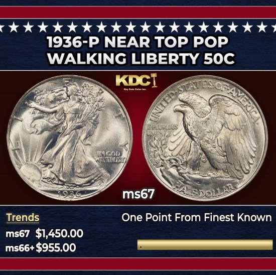 1936-p Walking Liberty Half Dollar Near Top Pop 50c ms67 SEGS