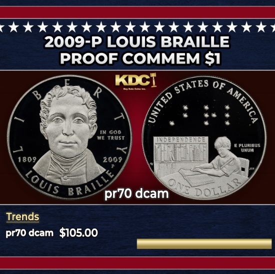 2009-P Louis Braille Proof Modern Commem Dollar $1 pr70 dcam SEGS