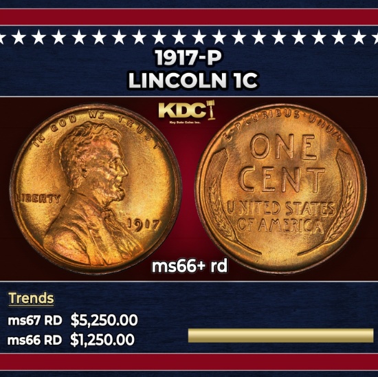 1917-p Lincoln Cent 1c ms66+ rd SEGS