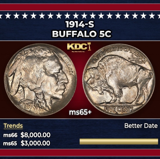 1914-s Buffalo Nickel 5c ms65+ SEGS