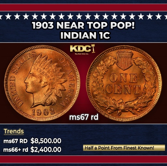 1903 Indian Cent Near Top Pop! 1c ms67 rd SEGS
