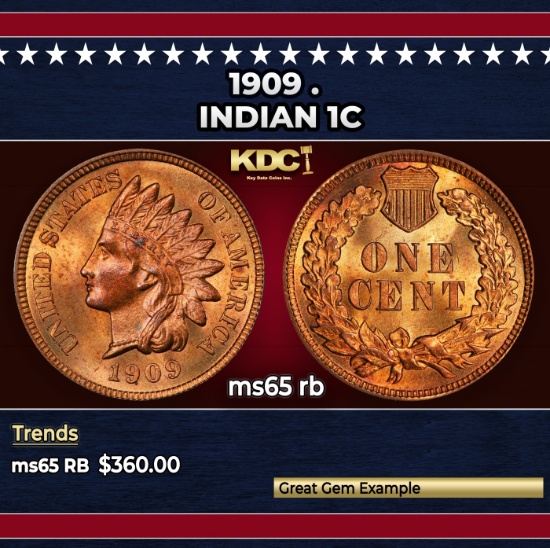 1909 Indian Cent . 1c Grades ms65 rb