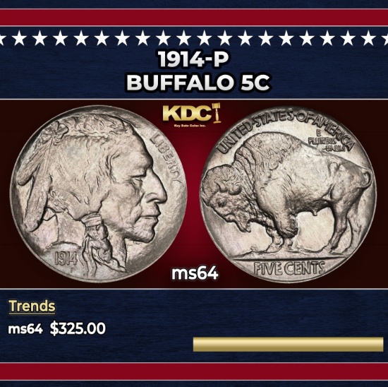 1914-p Buffalo Nickel 5c Grades ms64