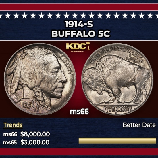 1914-s Buffalo Nickel 5c ms66 SEGS