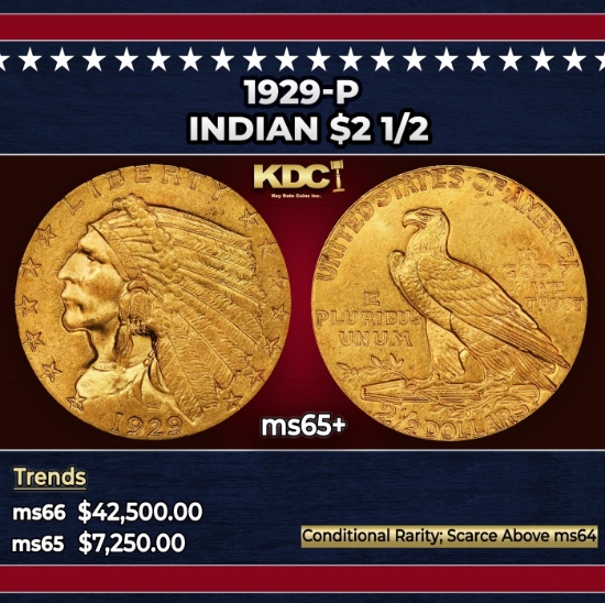 1929-p Gold Indian Quarter Eagle $2 1/2 ms65+ SEGS