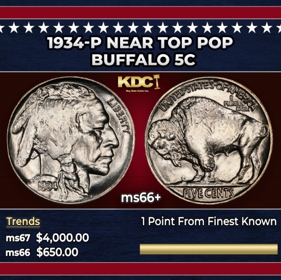 1934-p Buffalo Nickel Near Top Pop 5c ms66+ SEGS