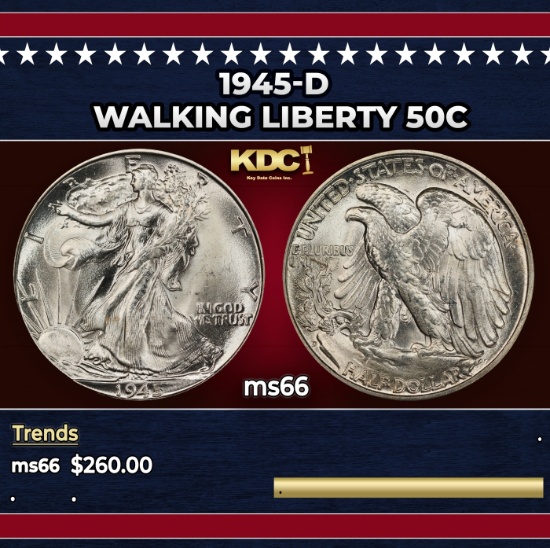 1945-d Walking Liberty Half Dollar 50c Grades ms66