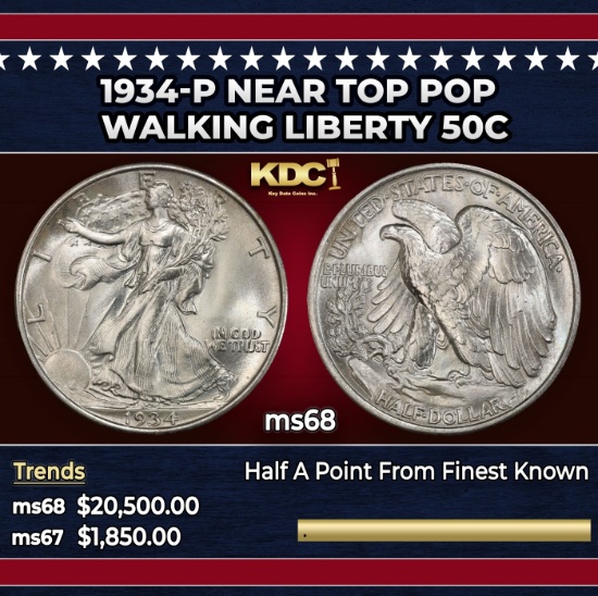 1934-p Walking Liberty Half Dollar Near Top Pop 50c ms68 SEGS