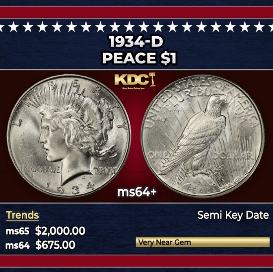 1934-d Peace Dollar $1 ms64+ SEGS