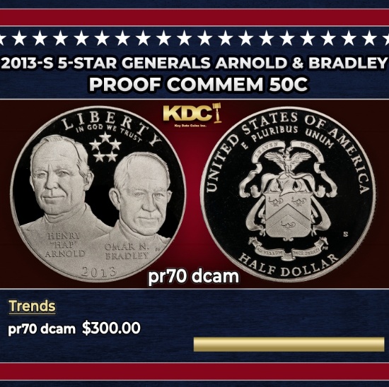 2013-S 5-Star Generals Arnold & Bradley Proof Modern Commem Half Dollar 50c pr70 dcam SEGS
