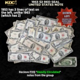 5x 1953 $2 Red Seal United States Note Heavily Circulated