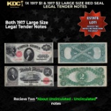 1x 1917 $1 & 1917 $2 Large Size Red Seal Legal Tender Notes Grades AU/CU