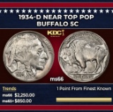 1934-d Buffalo Nickel Near Top Pop 5c ms66 SEGS