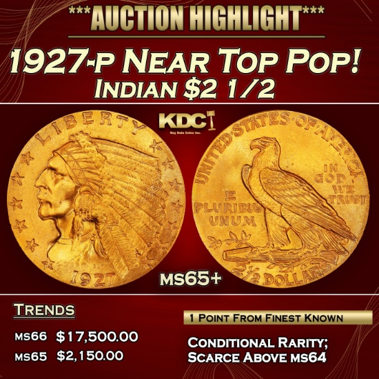 1927-p Gold Indian Quarter Eagle Near Top Pop! $2 1/2 ms65+ SEGS