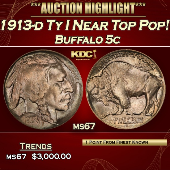 1913-d Ty I Buffalo Nickel Near Top Pop! 5c ms67 SEGS