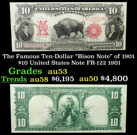 The $10 United States Note Famous Ten-Dollar "Bison Note" of 1901 FR-122 Grades Select AU 1901
