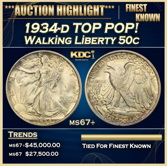 1934-d Walking Liberty Half Dollar TOP POP! 50c ms67+ SEGS